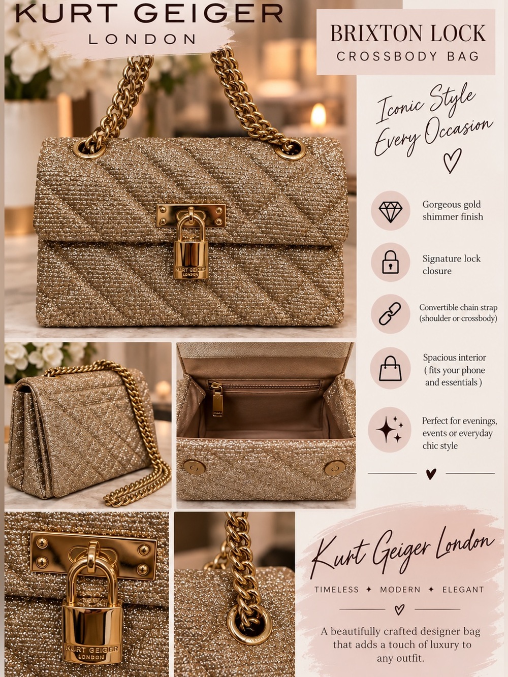 Kurt Geiger London Brixton Lock Crossbody Purse Gold Shoulder Bag